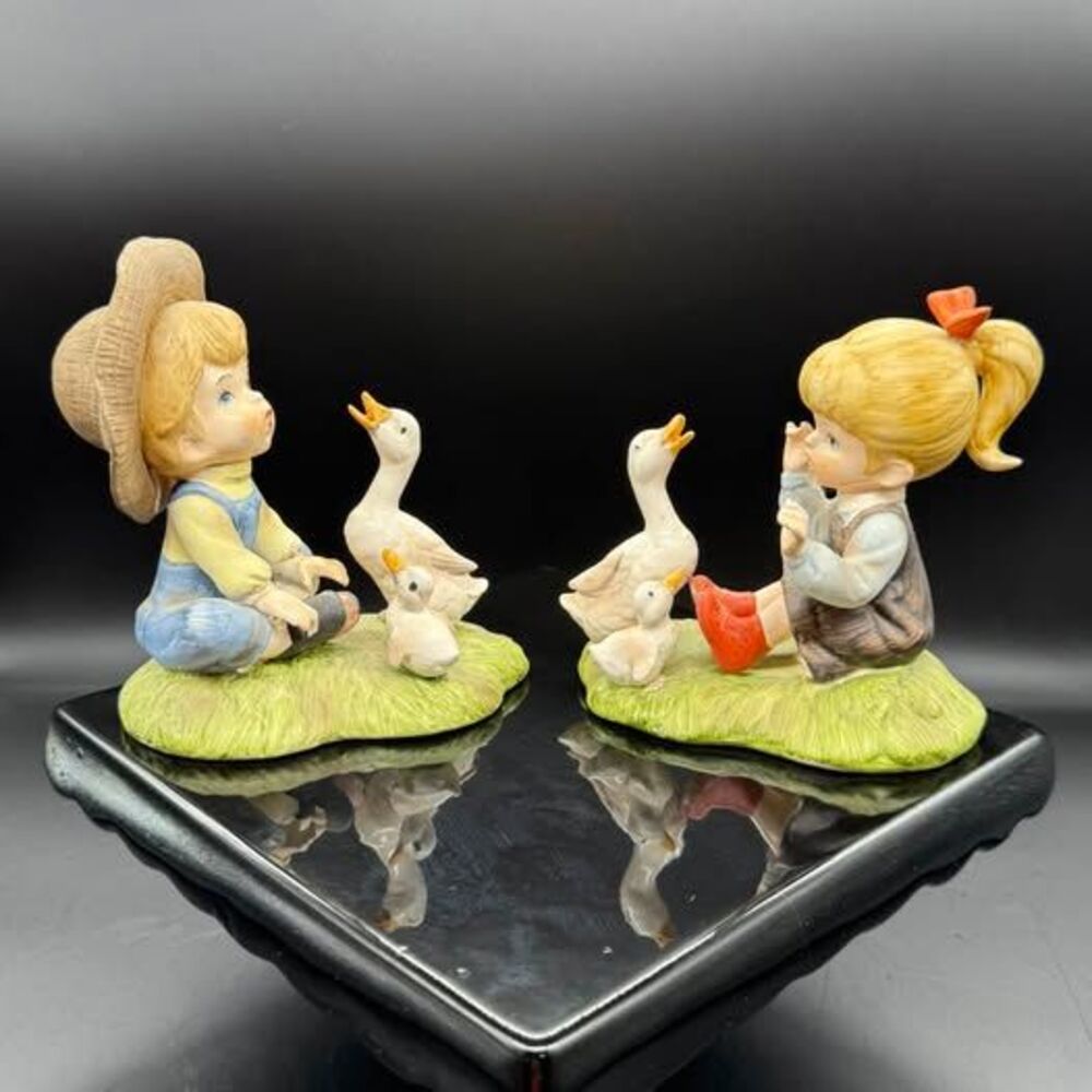 Vintage Boy Girl Geese Figurines Pair Ceramic Farm Children Goslings Cottagecore
